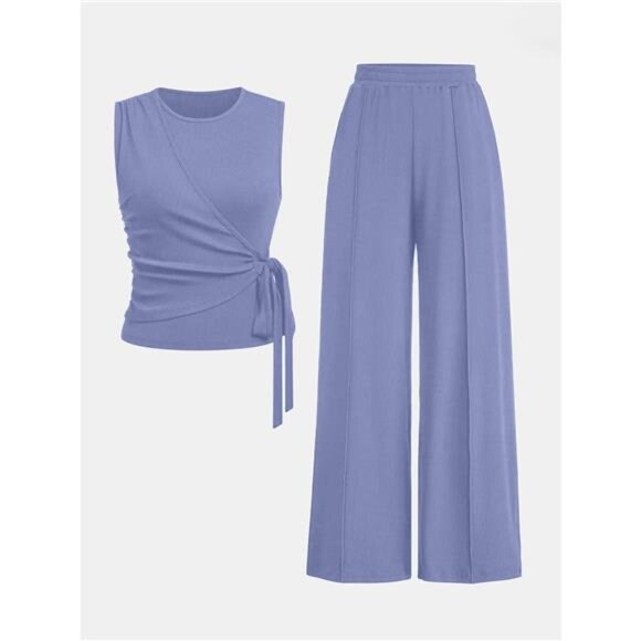 Side Tie Round Neck Tank and Pants Set - Picture 1 of 12